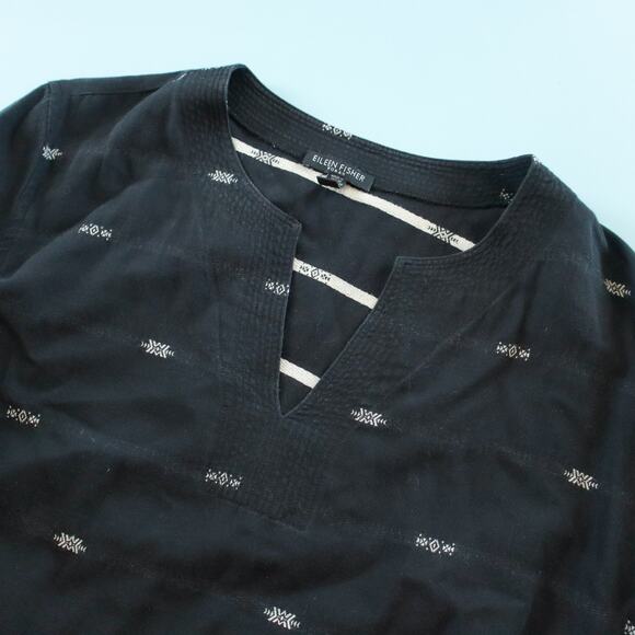 Eileen Fisher Woman Black Embroidered 3/4 Sleeve Tunic Blouse Size 1X Organic - Picture 2 of 7